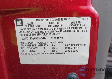 2002 Chevrolet Trailblazer из США, поврежденный, VIN 1GNDT13S822175168